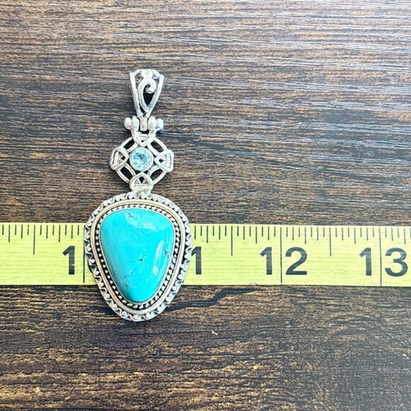 VTG Sterling Silver 925 Turquoise & Blue Topaz Pendant Size 2.5" Length - Picture 9 of 11